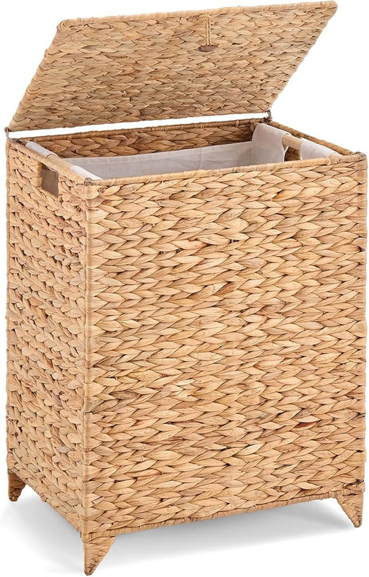 Handwoven Laundry Hamper with Lid, Natural Hyacinth Heightened Feet Laundry Basket, Wicker Clothes Hamper with Removable Liner Bag (Natural, 90L)