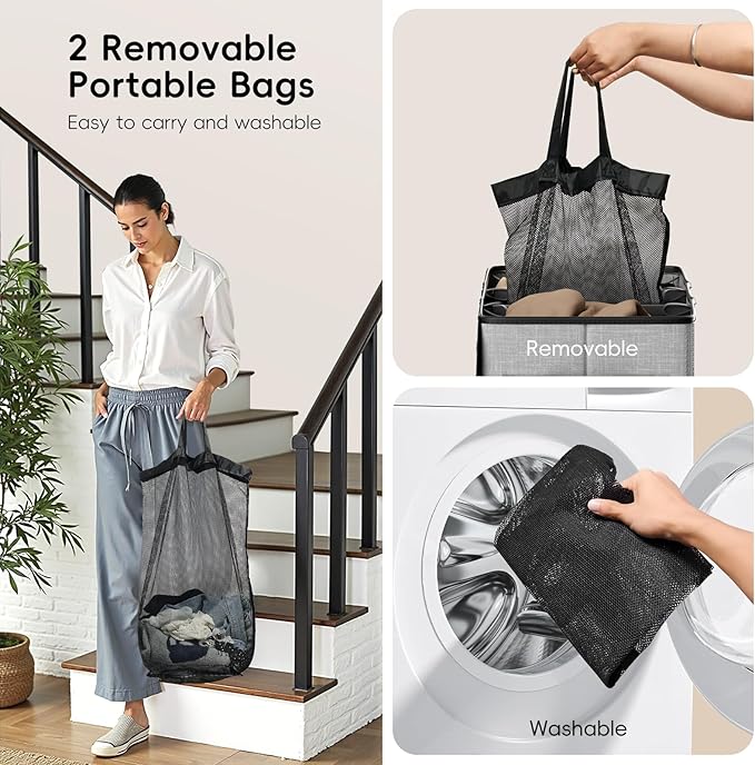 150L Double Laundry Hamper With Lid, Large Clothes Hampers with Removable Bag, Laundry Hamper 2 Section for Bathroom, Bedroom, Laundry Room, Dorm, Grey