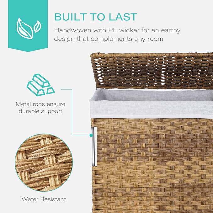 Paylesshere Laundry Basket Handwoven Laundry Hamper 90L/110L Foldable Rattan Hamper With Lid, 2 Removable Liner Bags & 6 Bags,Clothes Bathroom Basket,Natural