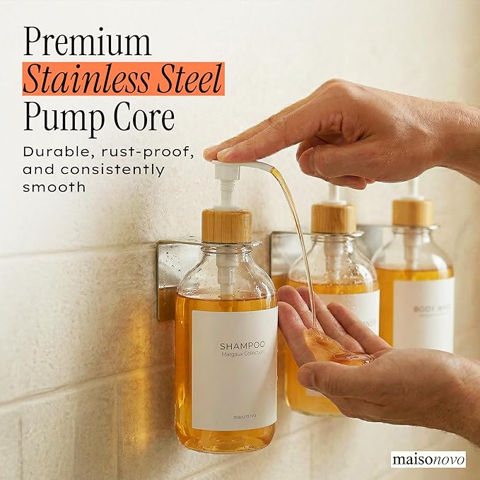 Shampoo and Conditioner Dispenser Wall Mounted Set of 3 Clear Bamboo - No Drill Shower Soap Dispenser for Bathroom Refillable - Spa Hotel Style Accessories by MaisoNovo