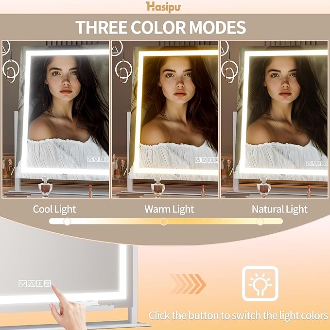 Hasipu Vanity Mirror with Lights and Bluetooth Speaker, 29.5" x 21.3" LED Makeup Mirror, Light up Mirror with 10X Magnification, USB Charging Port, Smart Touch 3 Colors Dimmable (White)