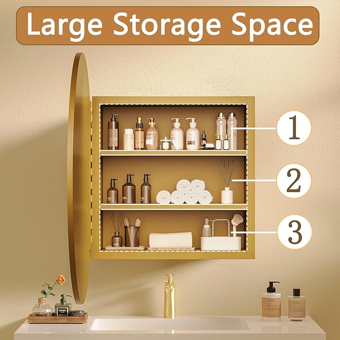 Medicine Cabinet Mirror, Wall Mounted Bathroom Vanity with Mirror, 23.2" Round Bathroom Medicine Cabinet with Storage Function, Removable Shelves, Metal, NO Assembly, Gold