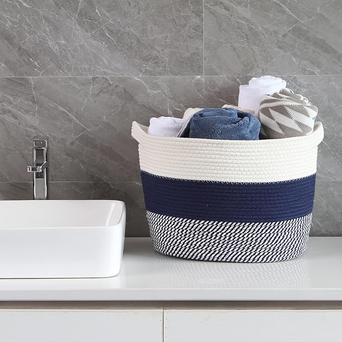 Sea Team Oval Large Cotton Rope Woven Storage Basket with Handles, Diaper Caddy, Baby Shower Basket, Nursery Nappies, Clothes Toys Organizer for Kid's Room, 16 x 13 inches, White & Mottled Navy