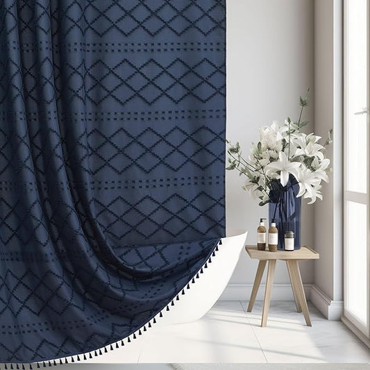 Navy Blue Shower Curtain Boho Shower Curtains Fabric, Tufted Chevron Textured Striped Modern Minimalist Cloth Shower Curtain for Bathroom, 72 x 72