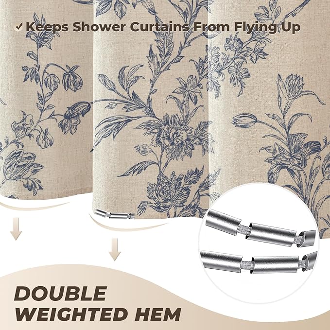 Blue Floral Farmhouse Vintage Linen Shower Curtain, French Country Cottagecore Shower Curtain for Bathroom