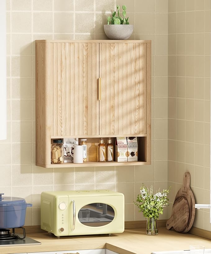 Keehusux 27.6" H Bathroom Wall Storage Cabinet with 2 Fluted Doors, Modern Wall Mounted Bathroom Cabinet with Adjustable Shelf, Curved Profile Medicine Cabinet for Kitchen, Living Room, Natural Oak