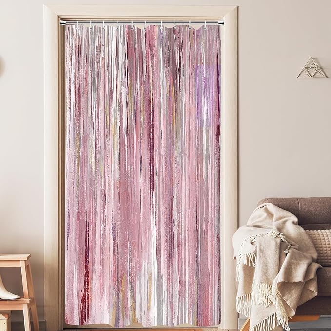 JAWO Small Stall Shower Curtain 36x72 Half Size - Pink Abstract Waterproof Fabric Shower Curtains for Bathroom, Cute Modern Aesthetic Abstract Strip RV Camper Narrow Bath Curtain with Hooks