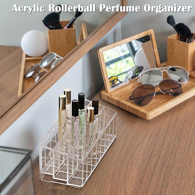 ELLDOO 2 Pack Rollerball Perfume Organizer, 24 Spaces Clear Acrylic Perfume Storage Holder Beauty Scent Holder, Makeup Lipgloss Lipstick Display Case