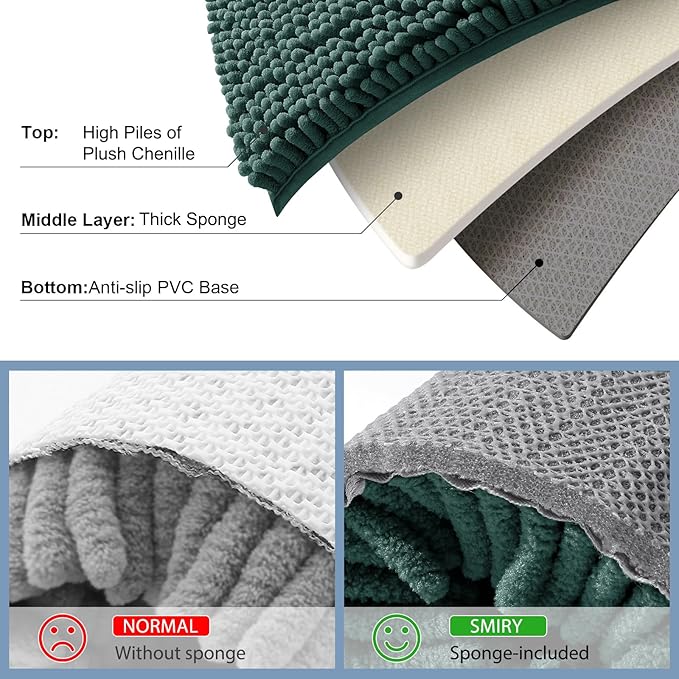 Smiry Luxury Chenille Bathroom Rugs 40x24, Extra Soft and Absorbent Shaggy Bath Mat, Machine Washable, Non-Slip Plush Carpet Runner for Tub, Shower, and Floor, Home Decor Accessories, Green