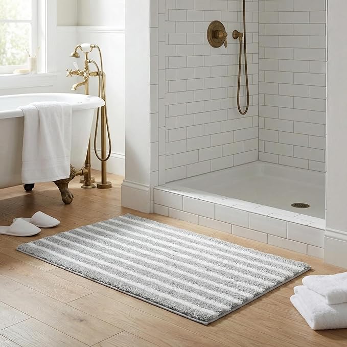 GRANNY SAYS Striped Bathroom Rugs Non Slip, 20" x 32", Bath Rugs for Bathroom Washable, Bath Mats for Floor, Microfiber Bath Mat for Tub, Absorbent Bath Rugs for Shower Room, Grey