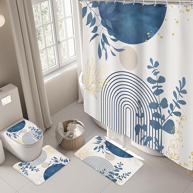 Riyidecor Boho Light Blue 4Pcs Bathroom Shower Curtain Sets Mid Century Minimalist Abstract Modern Bathroom Decor Set with Rugs and Accessories Leaf Toilet Lid Rug, Contour and Bath Mat with 12 Hooks