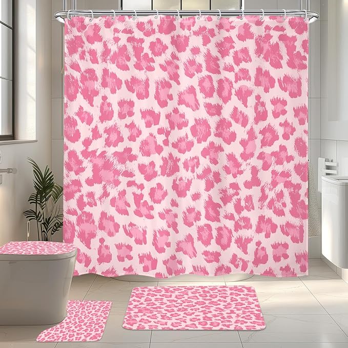 LIGHTINHOME 4 PCS Pastel Pink Leopard Print Shower Curtain Set 72Wx72H,Toilet Lid Cover,Non-Slip Rugs and U-Shaped Mat,Wild Cheetah Bathroom Sets with Rugs with 12 Hooks for Bathroom Decor