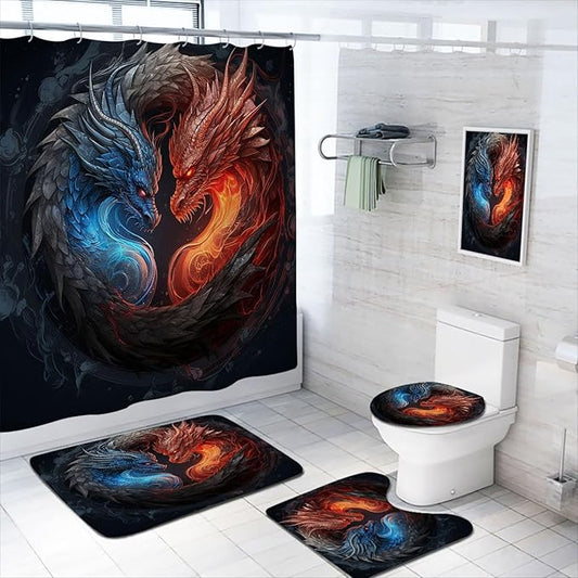 4 Pcs Dragon Shower Curtain Set with Rug, Toilet Lid Cover and Bath Mat, Abstract Magic Animal Fire and Ice Dragon Bathroom Decor Sets Accessories with 12 Hooks