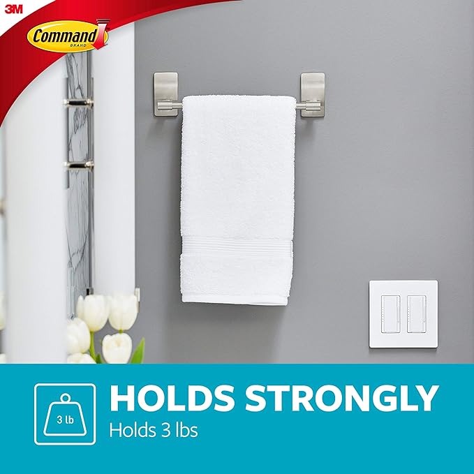 Command Hand Towel Bar Satin Nickel with 4 Water Resistant Command Strips, 9" Hand Towel Holder, Holds up to 3 lb, Great for Bathroom Décor on the Wall, Inside the Cabinet, or in the Shower