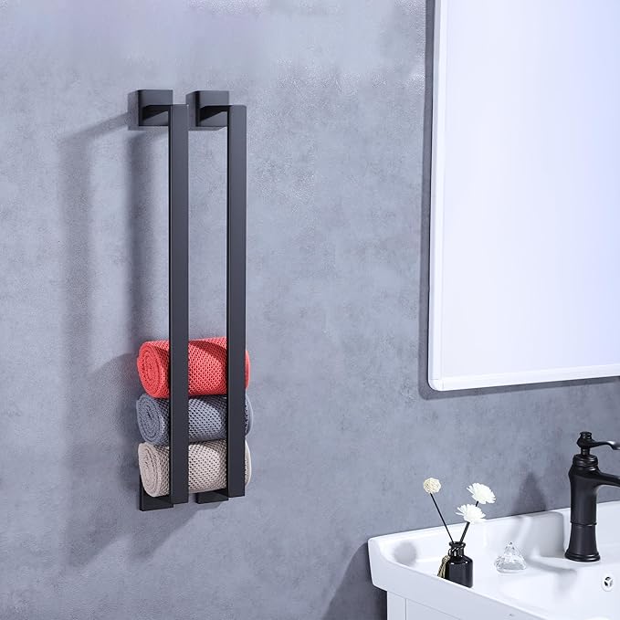 LANC 24 Inch Bath Towel Bar for Bathroom Wall Mounted, Matte Black Towel Hanger Square Towel Rack Stainless Steel Shower Towel Rail Towel Rod Kitchen Lavatory Hand Towel Holder, A8804MB-6P1