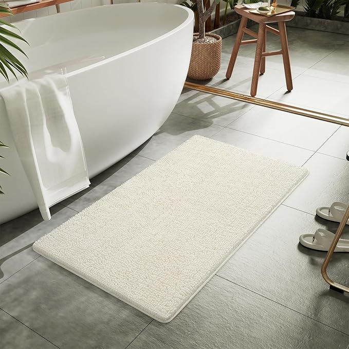 LOCHAS Luxury Bathroom Rug Shaggy Bath Mat 24 x 36 Inch, Washable Non Slip Bath Rugs for Bathroom Shower, Soft Plush Chenille Absorbent Carpets Mats, Cream White