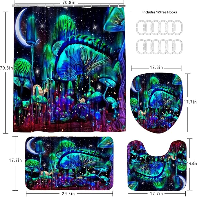 jieprom 4PCS Mushroom Bathroom Shower Curtain Set with Rugs, Toilet Lid Cover and Bath Mat, Moon and Stars with 12 Hooks, Durable Bathroom Decor Set