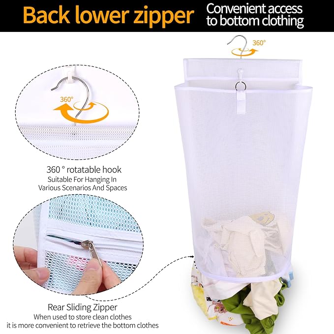 Hanging Collapsible Mesh Laundry Hamper - Breathable Fast Drying Laundry Bag, Space Saving Laundry Basket for Dorm, RV & Bathroom (White)