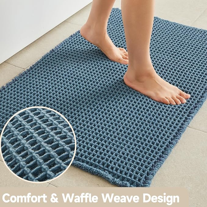 Waffle Bath Mat, Boho Bathroom Rugs Non Slip Washable Super Absorbent Quick Dry Bath Mat Farmhouse Bathroom Decor, 48"x24" Denim Blue