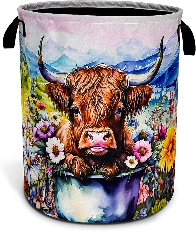 Highland Cow Laundry Basket Colorful Flowers Foldable Oxford Cloth Funny Tote Bag Laundry Hamper Clothes Storage Bucket Toy Organizer For Bathroom/Laundry Storage/Bedroom 18.9x16.5 Inch