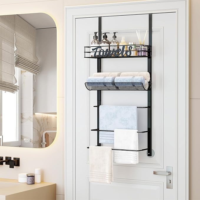 SWTYMIKI Over The Door Towel Racks for Bathroom - 5-Tier Wall Mounted Bathroom Towel Storage Organizer Holder with Metal Shelf, Black