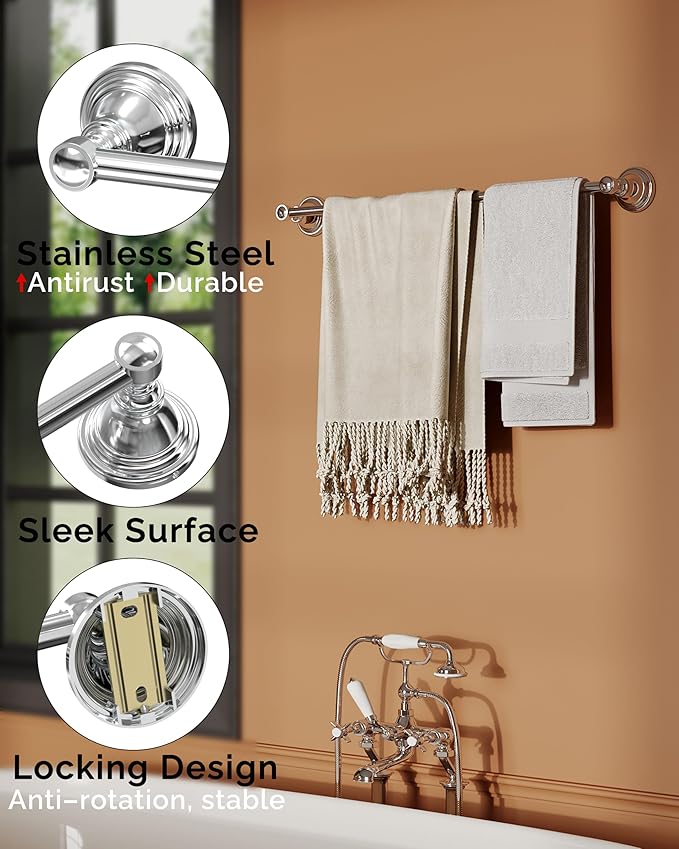 Towel Bar 24inch, Stainless Steel Bathroom Towel Rack Wall Mounted, Heavy Duty Towel Rod, Towel Holders for Bathroom, Kitchen (Chrome)