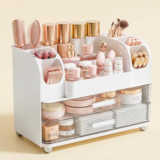 Makeup Organizer for Vanity with Brush Holder, Large Bathroom Countertop Organizer & Skincare Storage | Perfume, Cosmetics Display Case with Drawers (White)