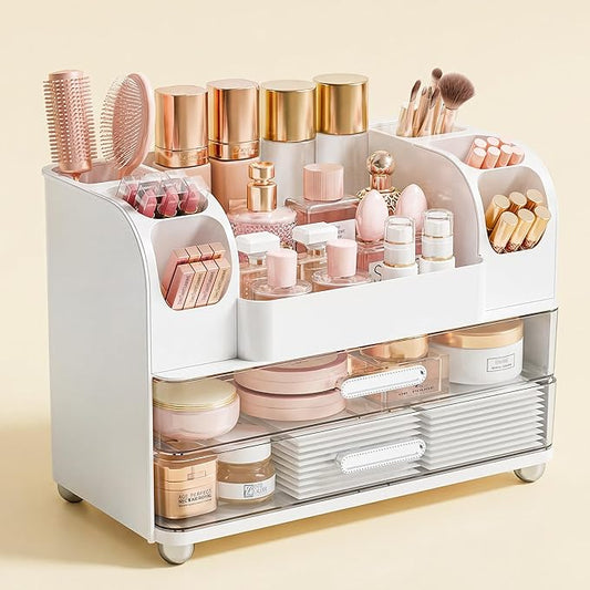 Makeup Organizer for Vanity with Brush Holder, Large Bathroom Countertop Organizer & Skincare Storage | Perfume, Cosmetics Display Case with Drawers (White)