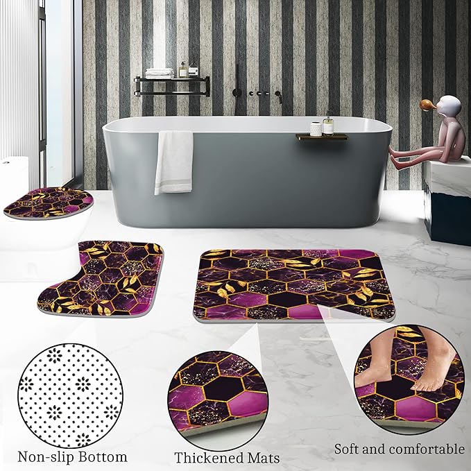 Poedist 4 Pcs Bathroom Shower Curtain Set,Purple Honeycomb Marble Bathroom Sets with Rugs(Bath Mat,U Shape and Toilet Lid Cover Mat) and 12 Durable Hooks