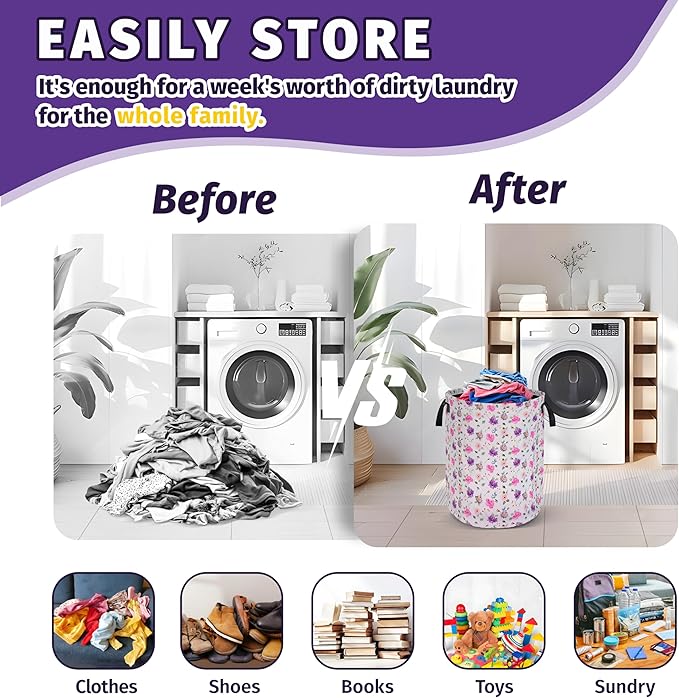 Pink Purple Flowers Laundry Basket Foldable Oxford Cloth With Handle Portable Colorful Storage Basket Organizer Suitable For Laundry Room/Bedroom/Living Room/Children'S Room (18.9 X 16.5 Inch)