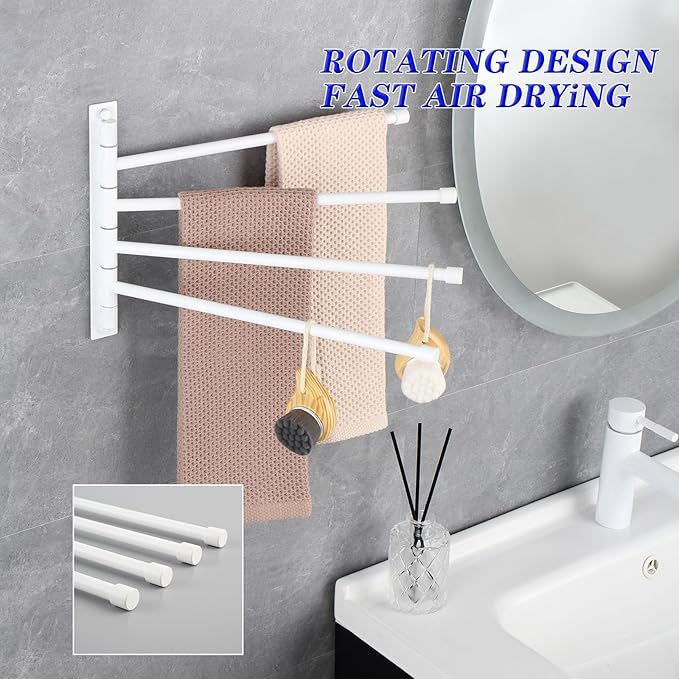 GERZWY Wall Mount Bath Towel Rack with 4 Arms Stainless Steel Bathroom Swing Arm Towel Bars Organizer, White