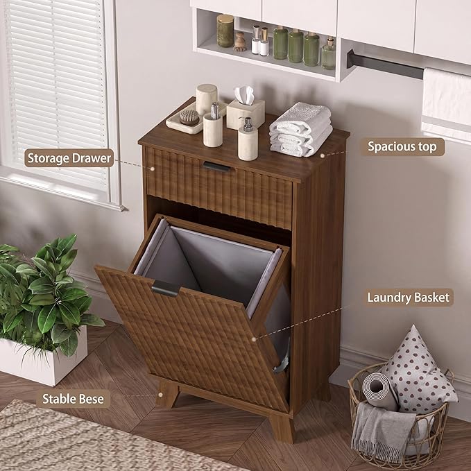 Wodeer Tilt Out Laundry Hamper Cabinet with Storage and Drawer, 10 Gallon Fluted Hidden Trash Can Cabinet, Farmhouse Wood Laundry Basket for Bathroom, Kitchen, Walnut, 20.47" W x 12.99" D x 35.82" H