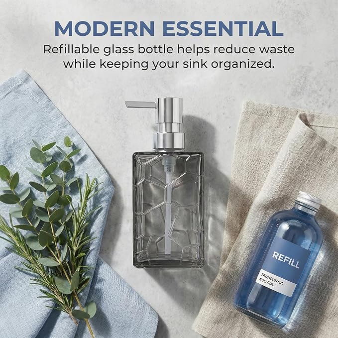 Gray Glass Soap Dispenser with Pump Geometric Texture Refillable Decorative Hand Soap Dispenser for Bathroom Kitchen Countertop