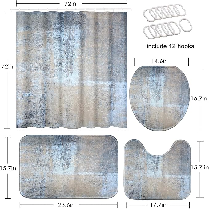 ArtSocket 4 Pcs Shower Curtain Set Abstract Blue Bathroom Set with Shower Curtain and Rugs Beige Grey Blue Brown Modern with Non-Slip Rugs Toilet Lid Cover and Bath Mat Bathroom
