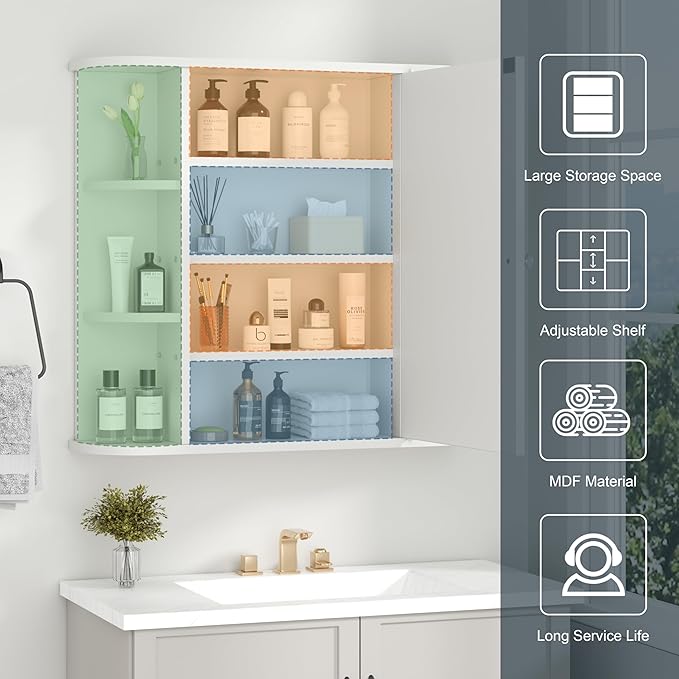 Bathroom Medicine Cabinet Mirror, Wood Medicine Cabinet with Adjustable Shelf, Mirrored Door Over The Toilet Storage, Bathroom Mirror Cabinet, White