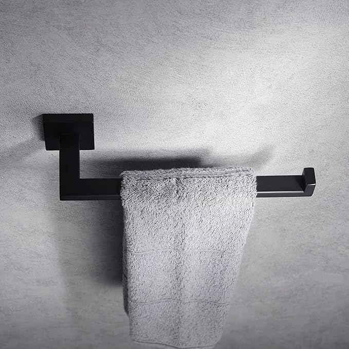 Miyili Matte Black Hand Towel Ring, Stainless Steel Bathroom Towel Holder Square Towel Holder Kitchen Towel Hanger Wall Mount, D06B
