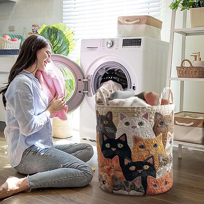 Cute Cat Quilted Laundry Basket with Handles, Boho Floral Fabric Quilted Laundry Basket, Large Soft Collapsible Storage Hamper for Nursery, Bedroom, Bathroom, Clothes & Toy Organization (#05)
