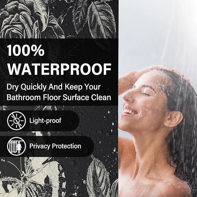 Dark Gothic Butterfly and Flower Shower Curtains for Bathroom,Black Witchy Floral Shower Curtain,Funny Waterproof Polyester Butterfly and Flower Bathroom Decor,72 X 72 Inch