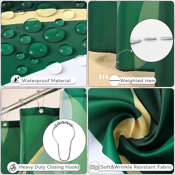 XLHOMO Bathroom Set - Green and Gold Bathroom Accessories, Bathroom Sets with Shower Curtain and Rugs, Green Shower Curtain Set with Bathroom Trash Can, Soap Dispenser, Soap Dish for Home Decor