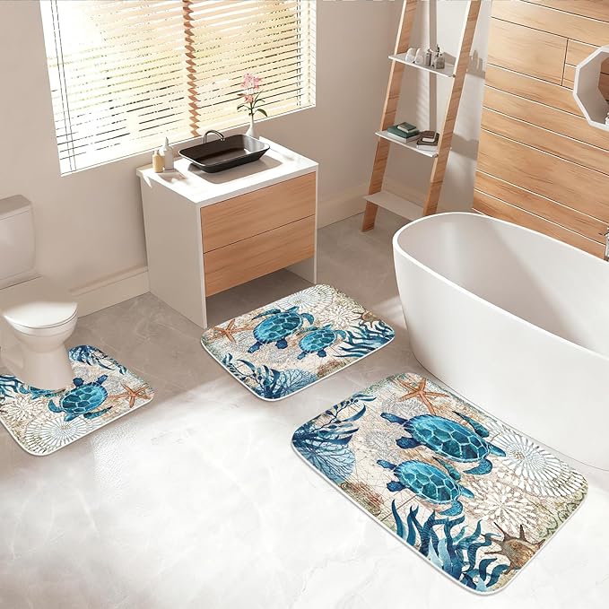 Nautical Sea Turtles Blue Ocean Beach Bathroom Rugs and Mats Sets 3 Piece, Memory Foam Bath Mat, U-Shaped Contour Shower Mat Non Slip Absorbent, Velvet Washable 20 x 31 inch
