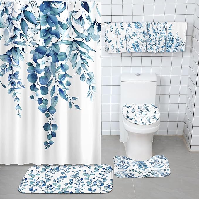 Tatuo 8 Pcs Blue Eucalyptus Shower Curtain Set Blue Eucalyptus Theme Bathroom Accessories Sets Decor Nautical Coastal Waterproof Shower Curtain with Towels Carpet Bath Mat Toilet Rugs and 12 Hooks