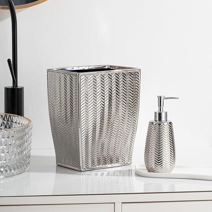 Silver Bathroom Accessories Set 3 Piece, Soap Dispenser, Toothbrush Holder and Soap Dish, Wave Design Stylish Elegant Ceramic Bathroom Decor