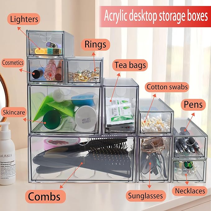 10 Pack Acrylic Storage Drawers Plastic Drawers Storage Clear Stackable Display Bins for Fridge Organizers Small Plastic Drawer for Makeup Organizers Cosmetic Display Case