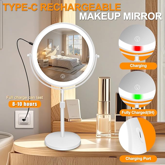 8.7" Large Lighted Makeup Mirror, 1X/10X Magnifying Mirror with 3 Color Dimmable Lights, Double Sided Vanity Mirror, Height Adjustable, 360° Swivel Cosmetic Mirror for Women Girl(White)