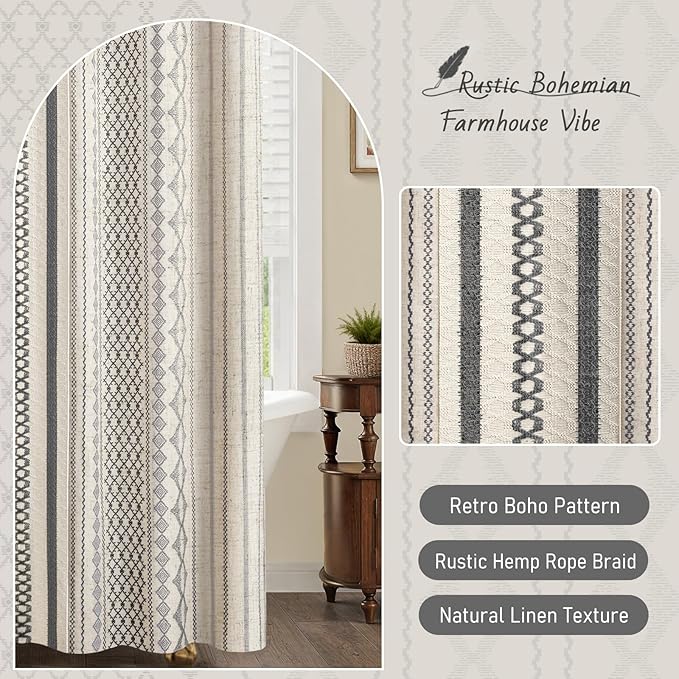 Grey Boho Shower Curtain for Bathroom,Beige Linen with Striped Print and Twine-Inspired Woven Center,72" W x 72" L