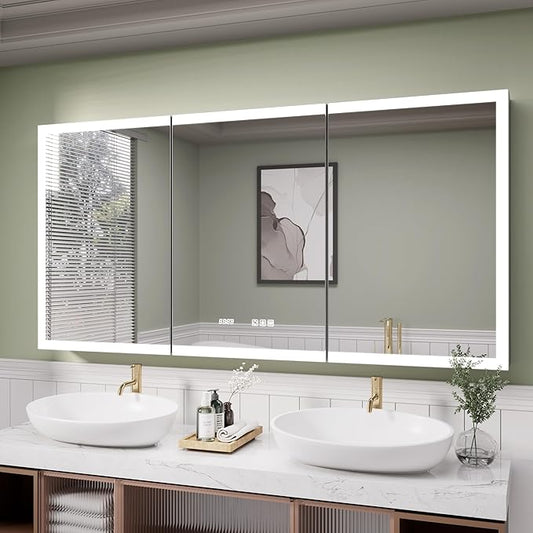 LED Medicine Cabinet Mirror, 60x30 Inch Bathroom Storage, Recessed/Wall Mount, Plug-in/Hardwired, 3 Color Dimmable Light, Anti-Fog, Time Temp Display