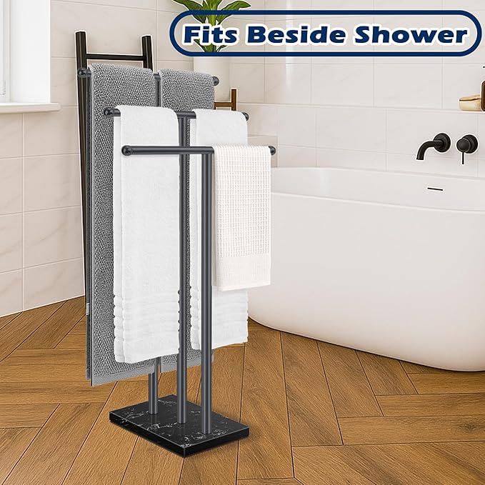 Standing Towel Rack with Marble Base, 3-Tier Free Standing Towel Racks for Bathroom, 40" Height Floor Towel Stand Holder for Bathroom, Black