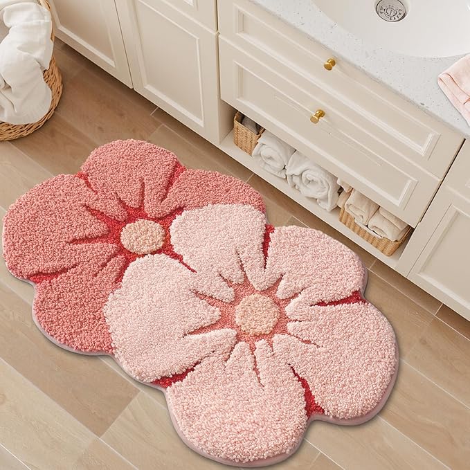 LUMI Flower Bath Rug, Funny Floral Bath Mat, Soft Plush Fluffy Red Rug, Absorbent, Non-Slip for Bathroom, Kitchen Sink, Bedroom, Kid's Bedroom, and Living Room, 20"x32", Bliss Pink