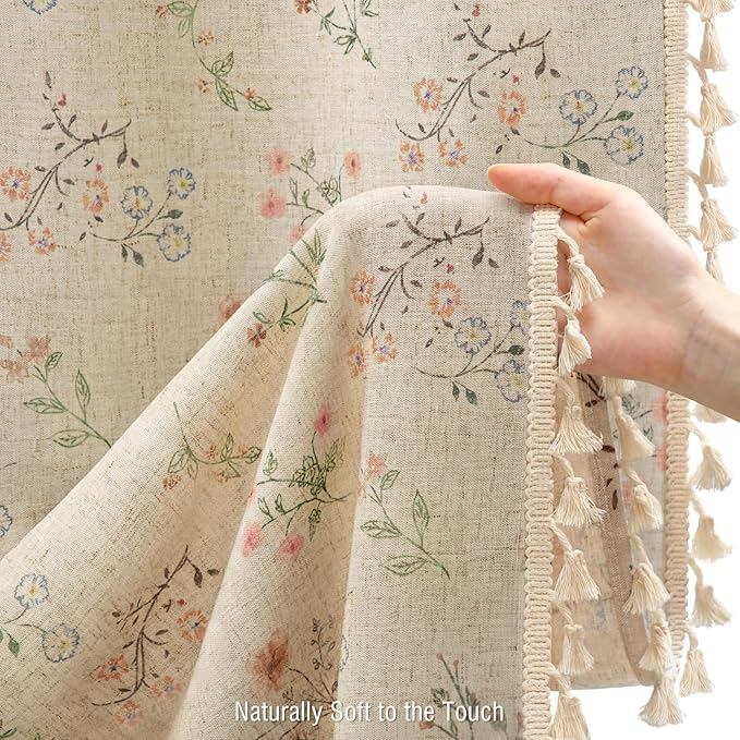 Floral Vintage Linen Shower Curtain, French Country Shower Curtains for Bathroom with Tassels, 72Wx78H