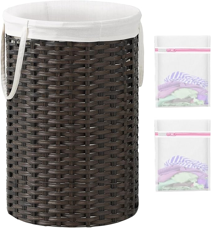 SETVSON 34.3 Gal (130 L) Large Laundry Hamper Laundry Basket Round Handwoven Wicker Laundry Baskets Rattan Laundry Basket with Removable Bag Handles 2 Mesh Bags for Living Room Bedroom Brown (No Lid)